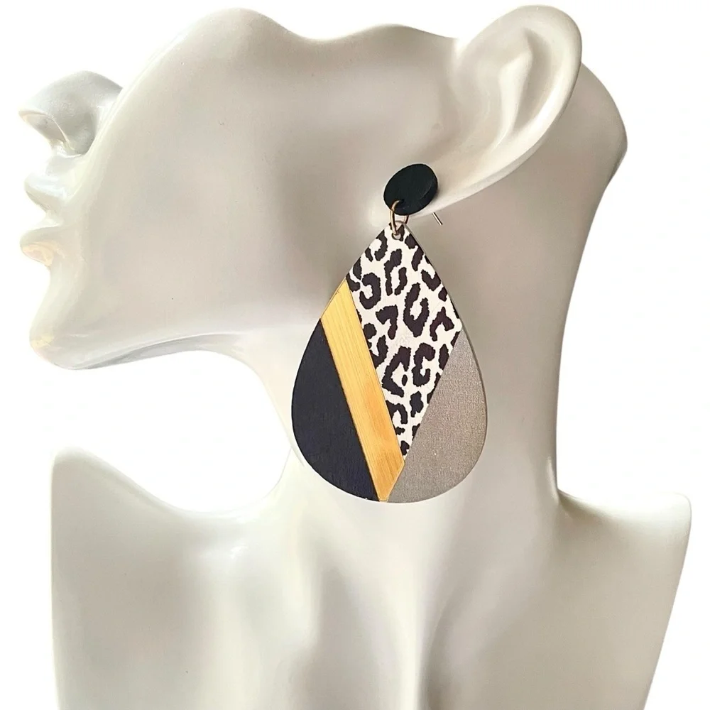 Boho Chic Leopard Print Waterdrop Earrings Retro Glam 80s Hippie Style - Picture 2 of 9